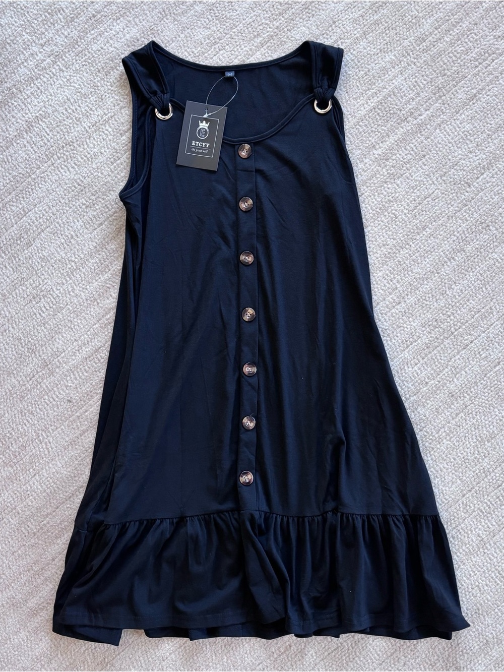 ETCYY Black Sleeveless Button-Front Top with Ring Strap Detail
